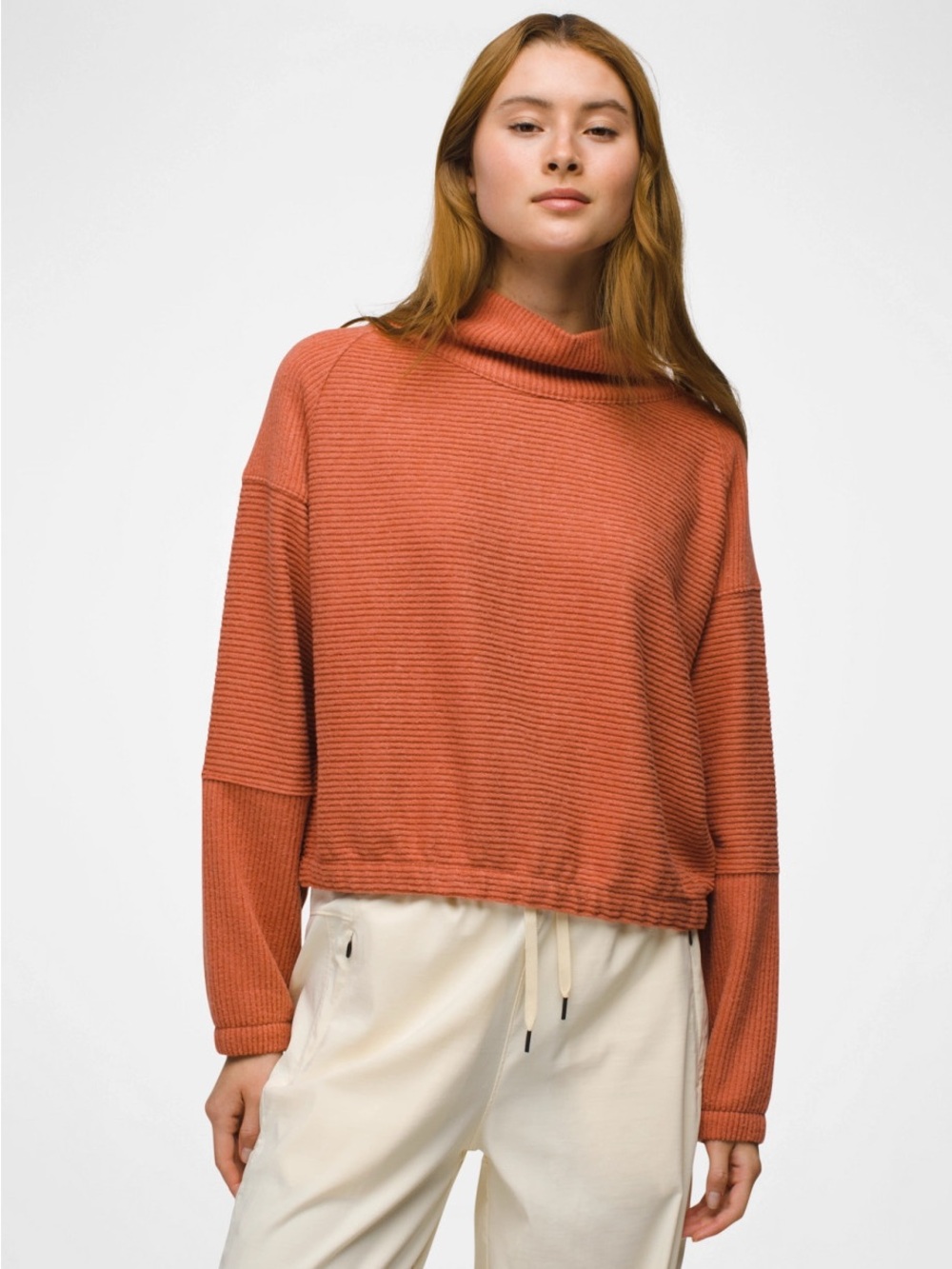 Prana Olivia Ribbed Cowl Neck Terracotta Orange Boxy Sweater Sweatshirt Active S